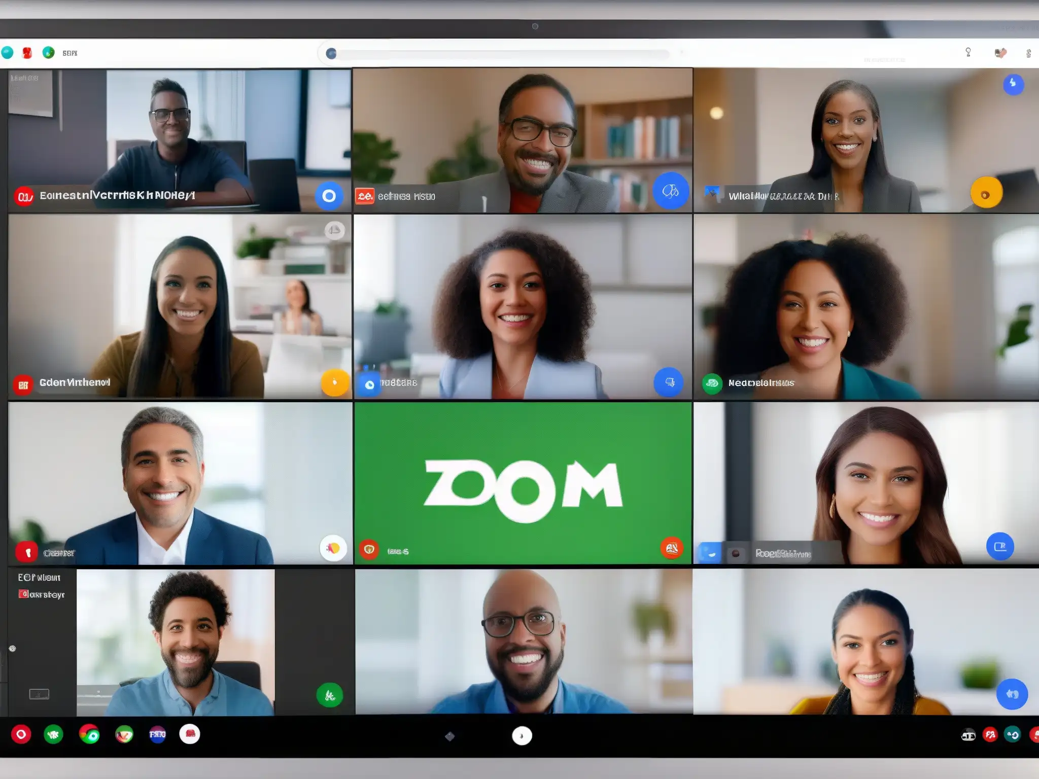 Comparativa Zoom vs Google Meet: Potencial para negocios Comparativa Zoom Google Meet PYME: Pantalla dividida con reuniones de Zoom y Google Meet, destacando características y usos para negocios