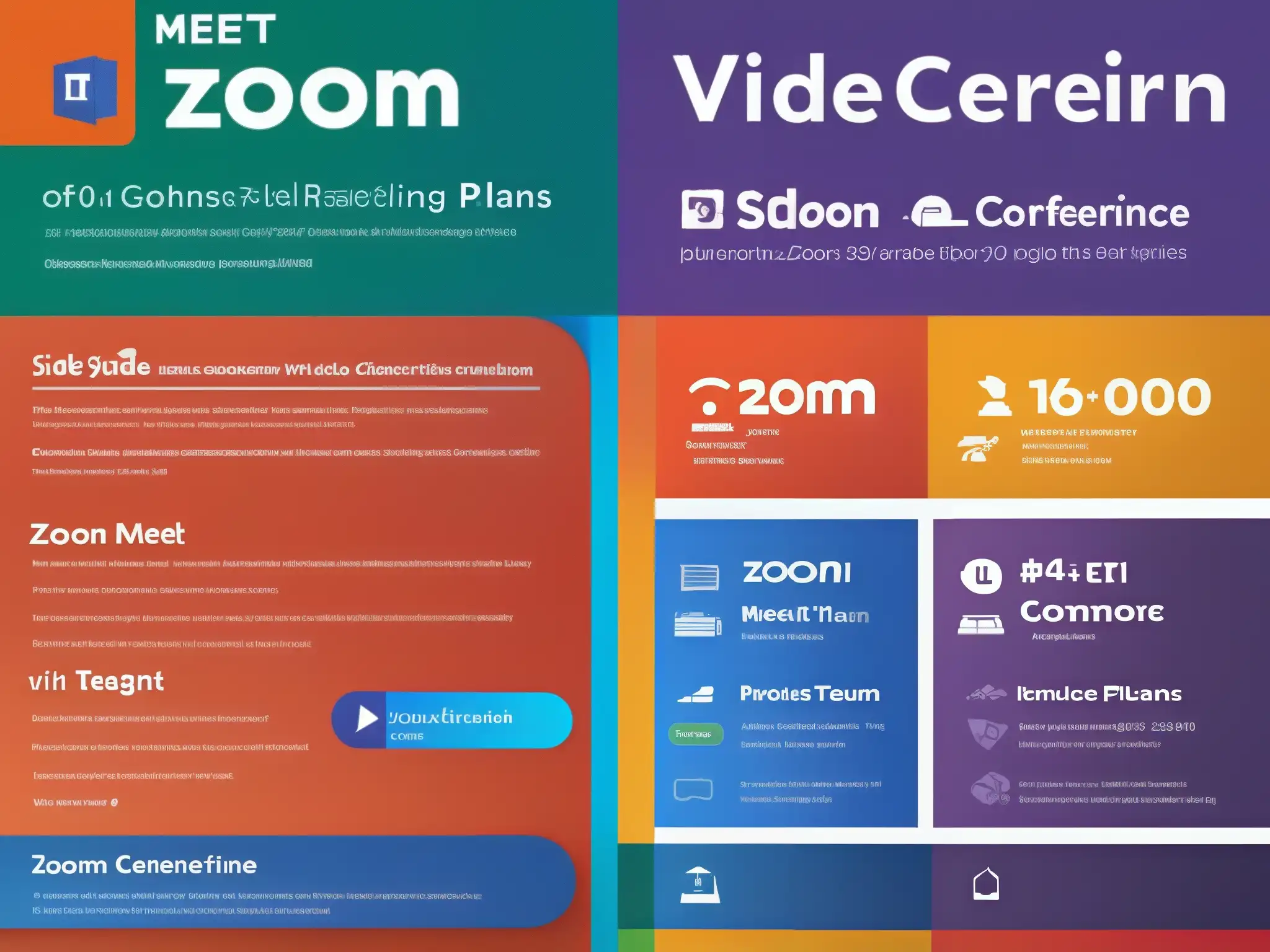 Comparativa Planes Videoconferencia: Zoom vs Comparativa de planes de suscripción para videoconferencias con diseños modernos y colores vibrantes de Zoom, Microsoft Teams y Google Meet