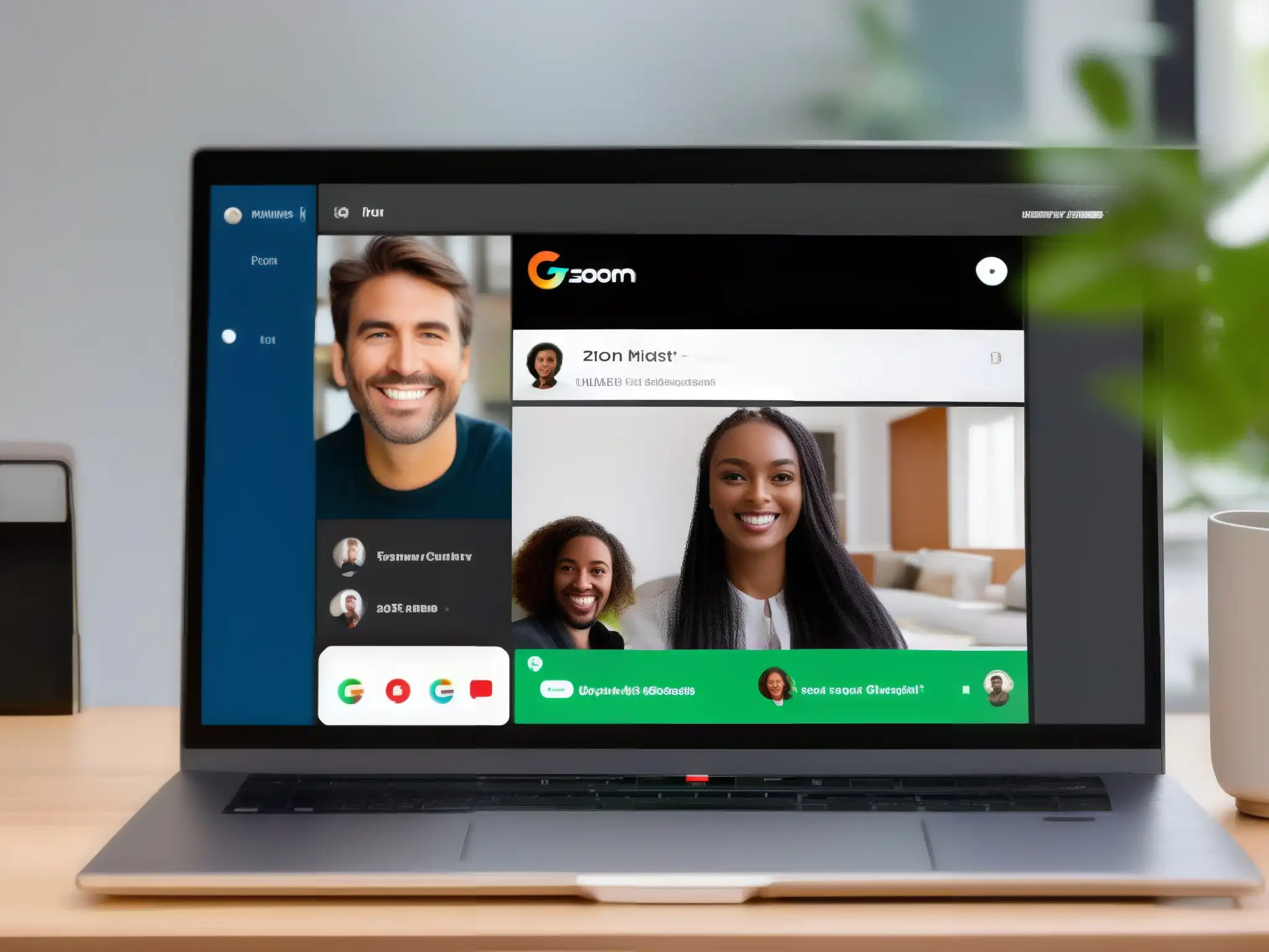 Comparación Zoom vs Comparativa plataformas videoconferencia 2023: Zoom y Google Meet muestran sus interfaces modernas, con colores vibrantes y detalles nítidos