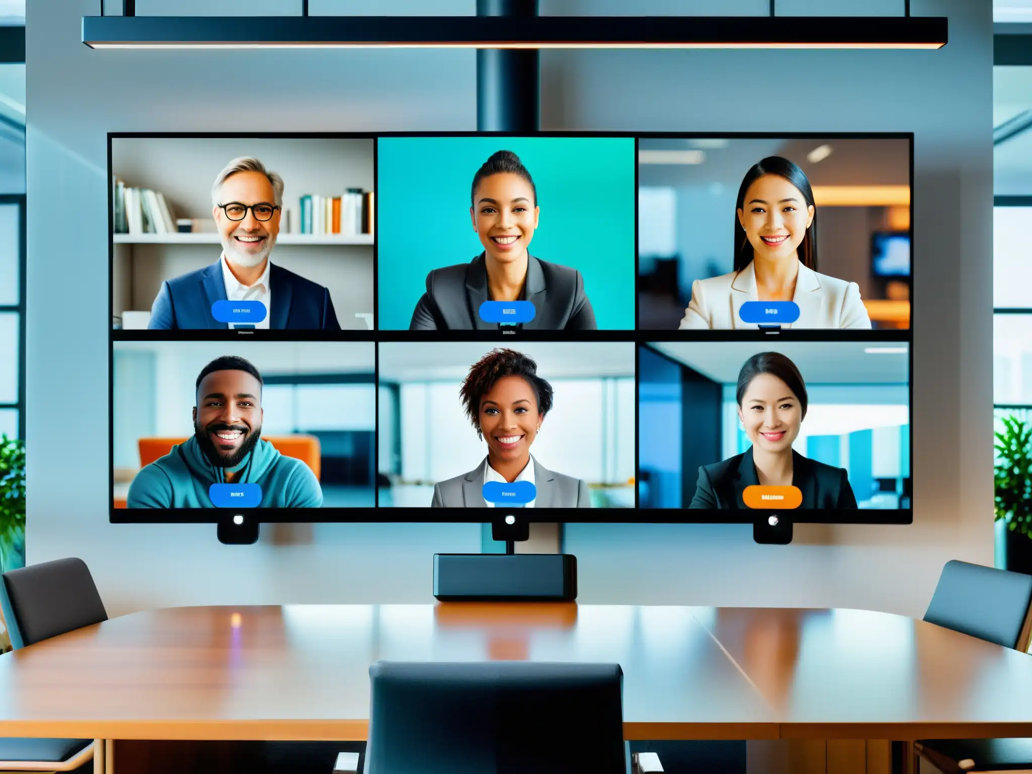 Comparación de Plataformas de Videoconferencia Futuristas Comparativa profesional de videoconferencia entre startups, interfaces futuristas en pantallas de alta resolución