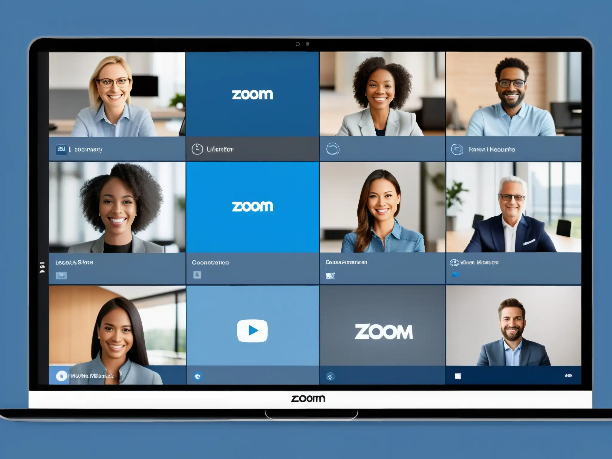 Comparación BlueJeans vs Zoom: Estética corporativa vs dinamismo Comparativa rendimiento BlueJeans vs Zoom: Splitscreen muestra interfaces en videoconferencia, con estilos corporativos y dinámicos en oficina moderna