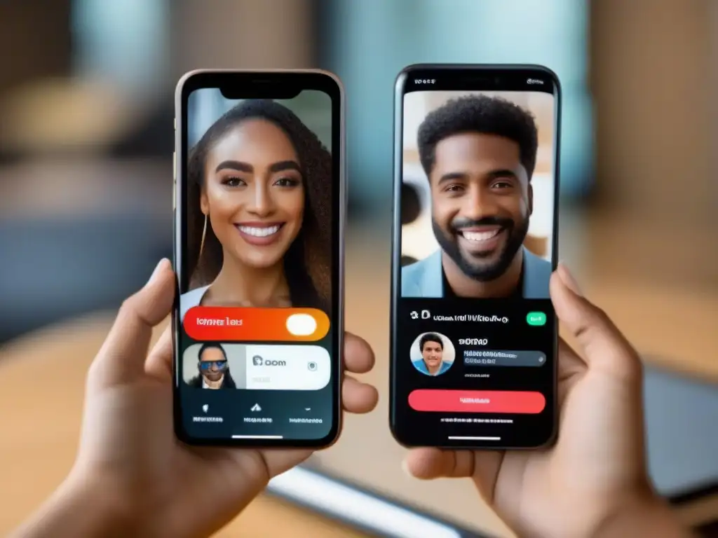 Comparativa de videoconferencias: FaceTime vs Zoom en smartphone Comparativa rendimiento videoconferencia móviles: Imagen 8k de video llamadas en FaceTime y Zoom en un smartphone dividido a la mitad
