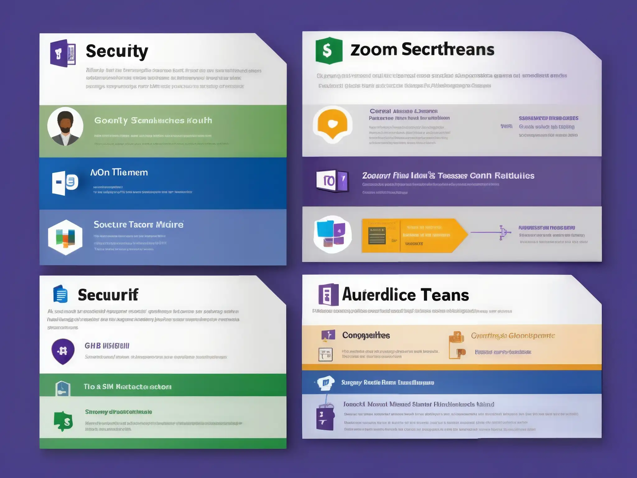 Comparativa: Seguridad Microsoft Teams vs Zoom Comparativa de seguridad en videoconferencia para entornos gubernamentales: gráfico detallado con iconos y gráficos que representan la encriptación, autenticación de usuario, privacidad de datos y cumplimiento de regulaciones
