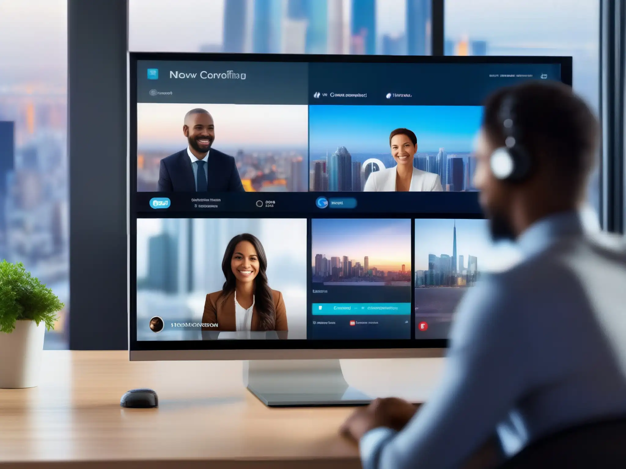 Videoconferencia profesional en alta definición Comparativa de videoconferencia con ancho de banda limitado: interfaz moderna con llamada HD y ciudad borrosa al fondo