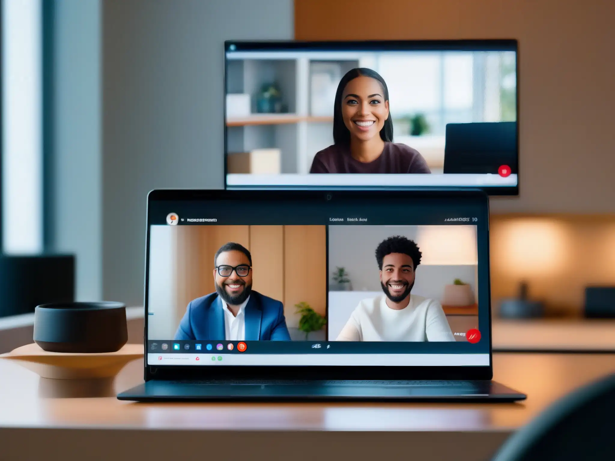 Videoconferencias profesionales en espacios modernos Comparativa videoconferencia Google Meet vs Zoom: Detalle de laptops con videollamadas, ambiente cálido y profesional