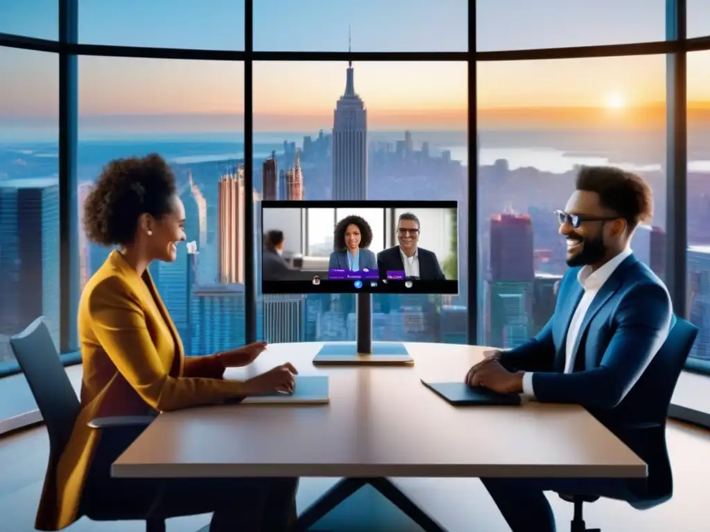 Conferencia virtual: Zoom vs Comparativa de videoconferencia profesional entre Zoom y Microsoft Teams en entorno de oficina moderno con vista a la ciudad