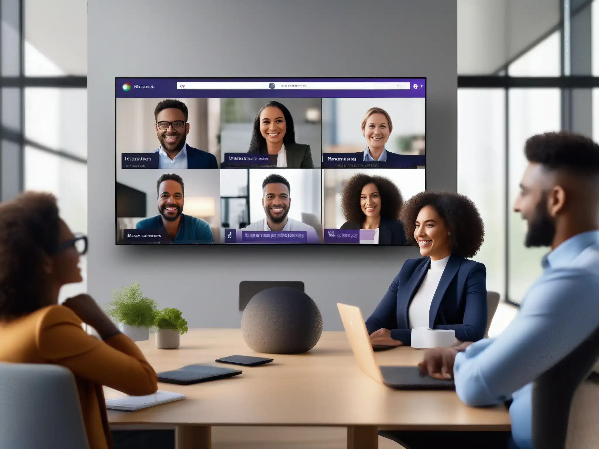 Videoconferencia profesional: Amazon Chime vs Una comparativa de videoconferencias Amazon vs Microsoft con equipos profesionales colaborando en una moderna oficina
