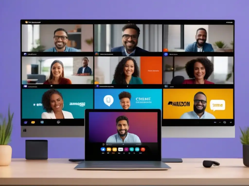 Conferencia visual 8k: Amazon Chime vs Comparativa videoconferencias Amazon vs Microsoft: Splitscreen con interfaces modernas y participantes animados en discusión creativa