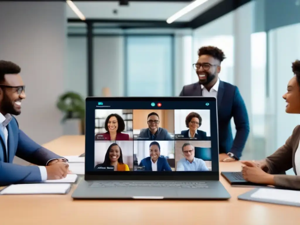 Conferencia virtual: colaboración y aprendizaje dinámicos Comparativa videoconferencias Amazon vs Microsoft: Profesionales colaborando en una oficina moderna y estudiantes participando en una clase virtual