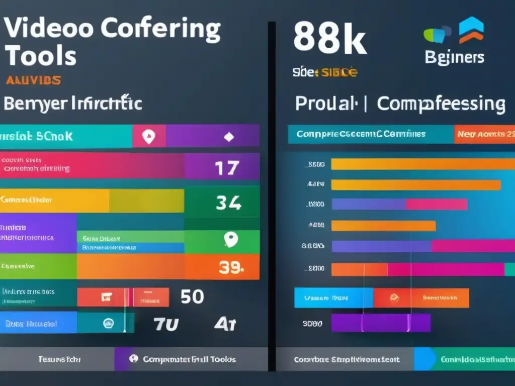 Comparativa visual en 8k de herramientas de videoconferencia Comparativa visual de las mejores herramientas de videoconferencia para principiantes, con gráficos modernos y colores vibrantes