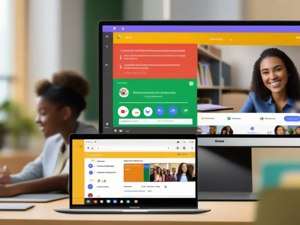 Clase virtual dinámica en Zoom y Google Classroom Comparativa Zoom vs Google Classroom: Maestro y alumnos participando en una clase virtual con interfaces modernas y colores vibrantes