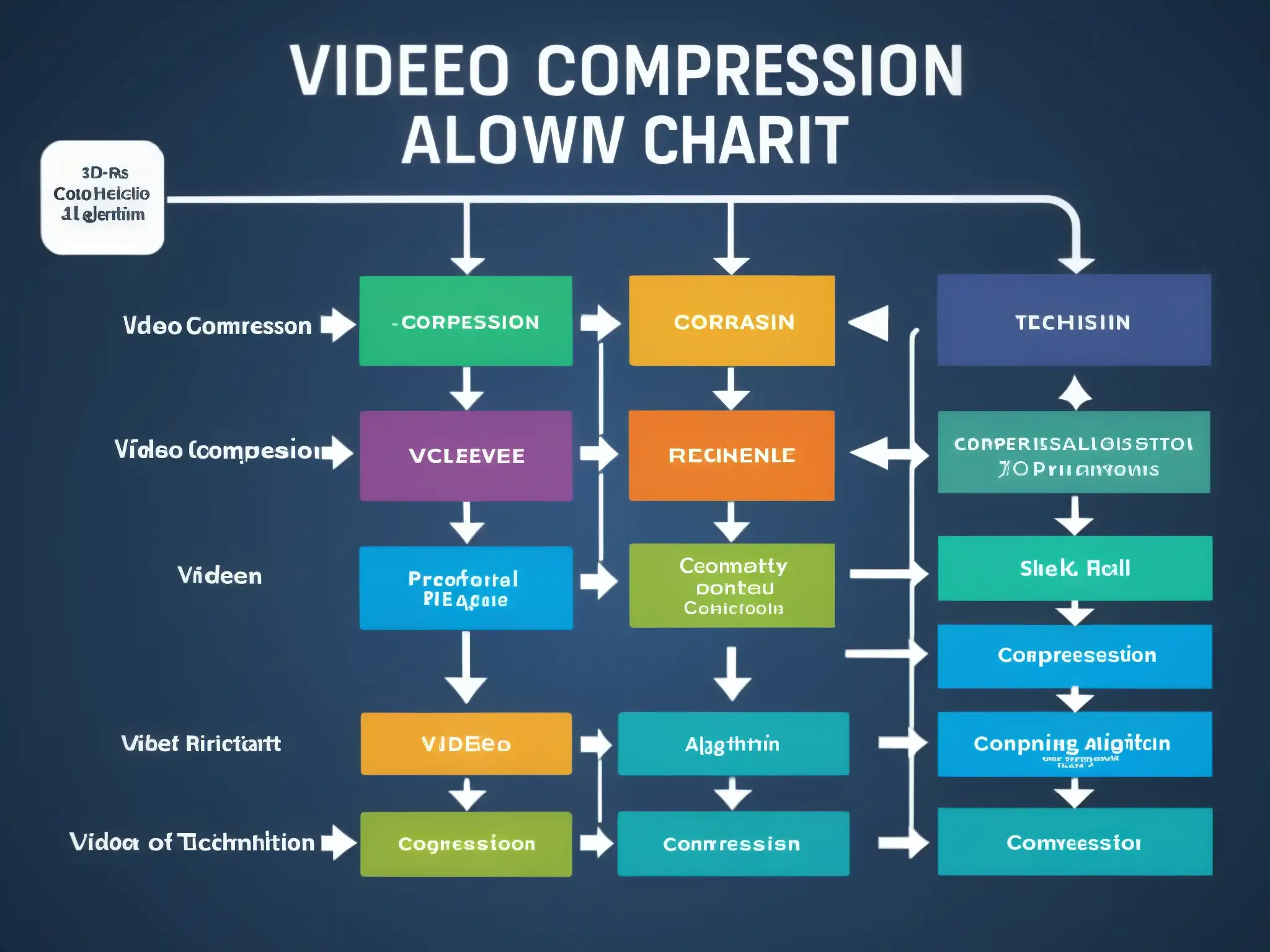 Flujo compresión vídeo: técnicas y algoritmos Compleja representación visual de técnicas de compresión de video para conferencias, destacando eficiencia y sofisticación