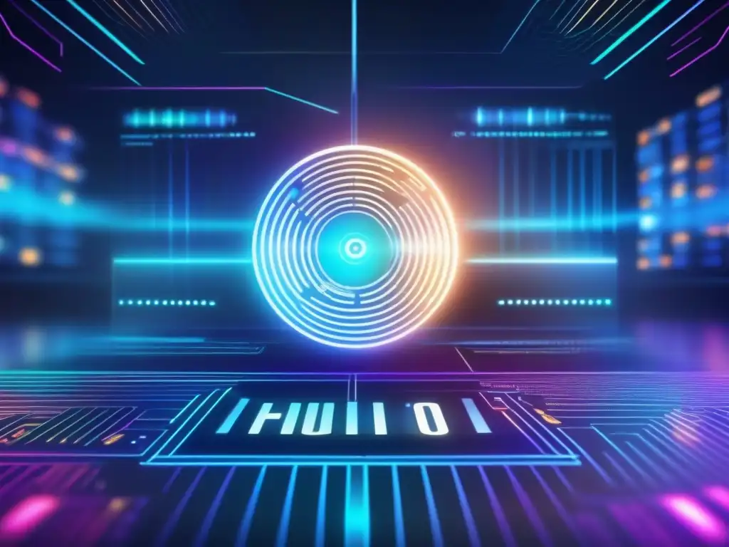 Algoritmo de encriptación futurista en pantalla de alta resolución Complejo algoritmo de encriptación futurista para videoconferencias, transmitiendo la importancia de la criptografía en tiempo real