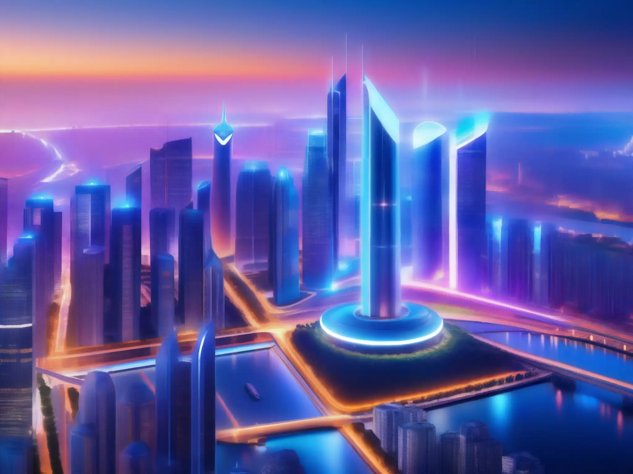 Horizonte nocturno de ciudad futurista 5G Transformación en comunicaciones: vibrante ciudad nocturna con infraestructura 5G futurista, luces dinámicas y arquitectura moderna iluminada