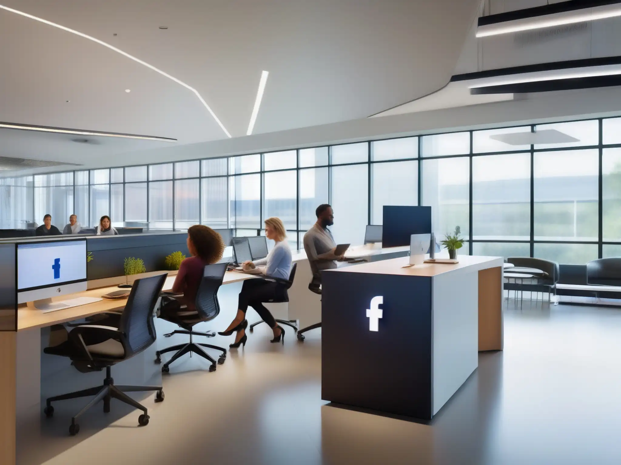 Equipo diverso colaborando en oficina moderna Una comunidad empresarial Workplace from Facebook, colaborativa e innovadora en un moderno espacio de oficina con diseño minimalista y luz natural