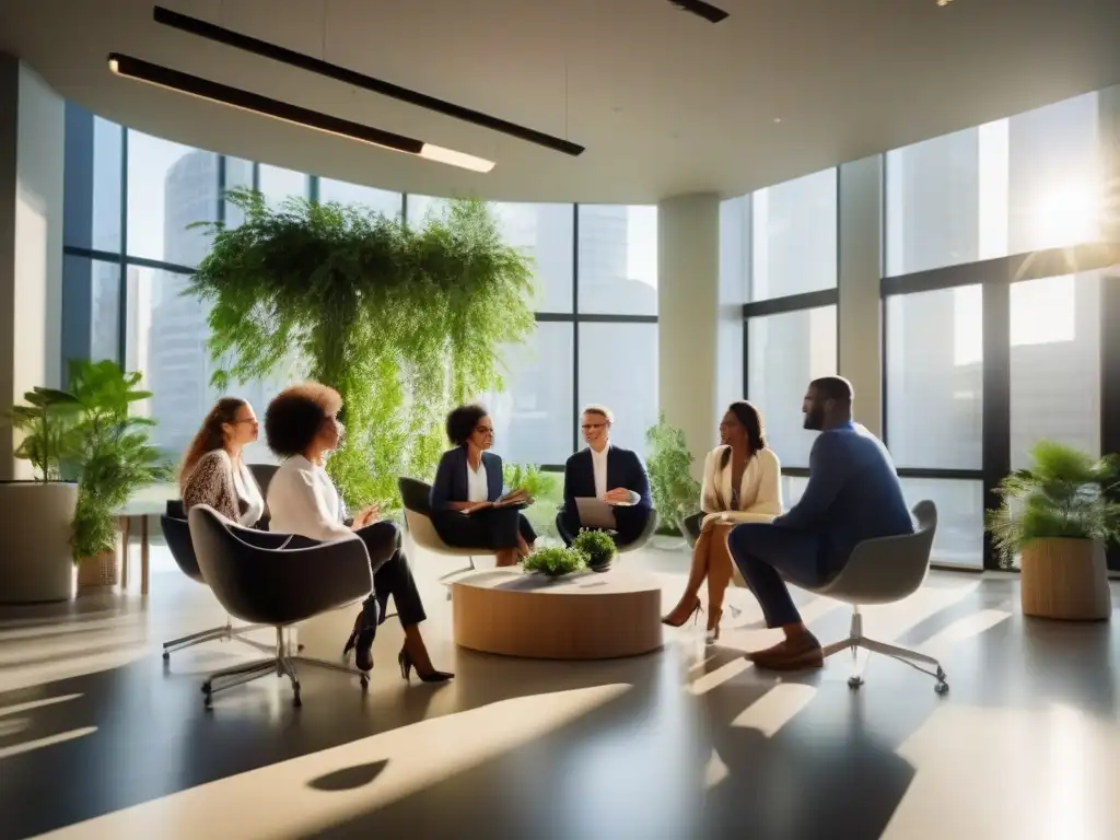 Profesionales dinámicos en un espacio de trabajo moderno y vibrante Una comunidad empresarial diversa y dinámica se reúne en una oficina moderna y luminosa, compartiendo ideas con pasión y escuchándose activamente