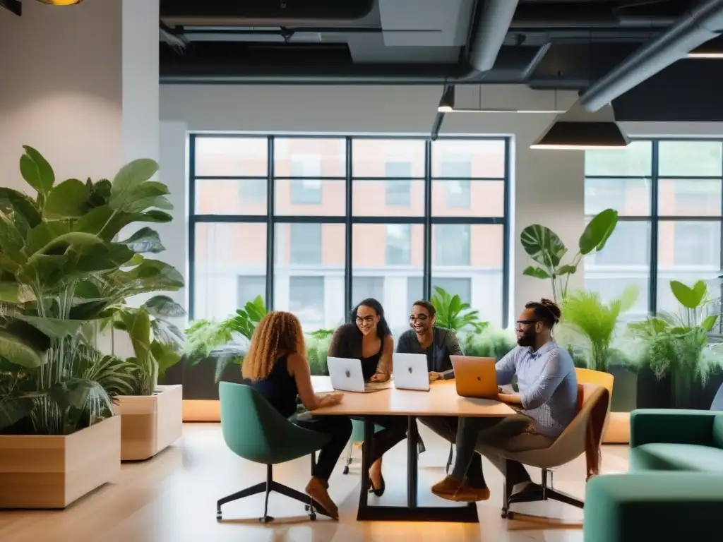 Espacio de coworking dinámico y colaborativo con profesionales diversos Comunidad empresarial Workplace from Facebook: Espacio de coworking dinámico con profesionales colaborando en un ambiente inclusivo y vibrante, iluminado por luz natural y decorado con plantas verdes