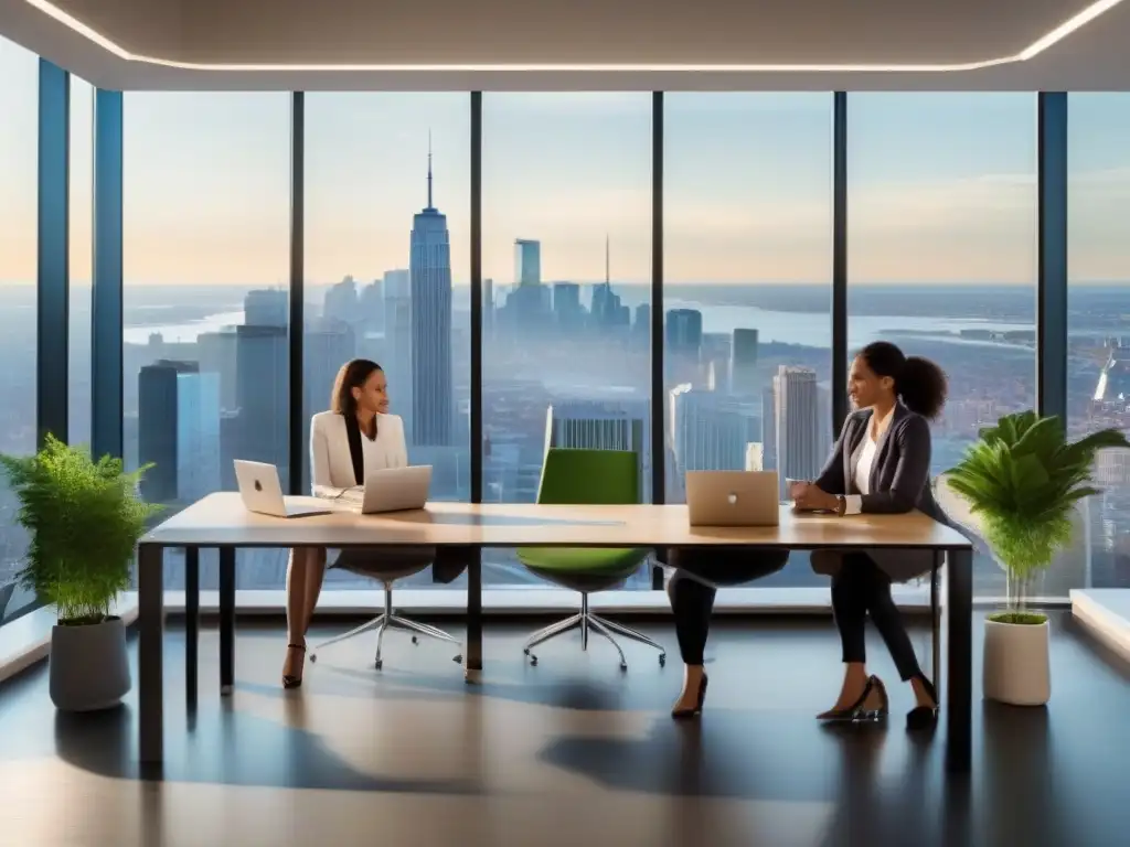 Oficina moderna con profesionales colaborando Una comunidad empresarial vibrante en un moderno y elegante espacio de oficina con vistas a la ciudad