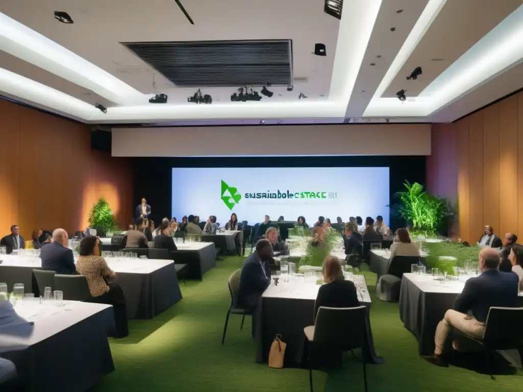 Conferencia sostenible: expertos comparten estrategias ecofriendly Conferencia de eventos sostenibles con paneles de expertos y asistentes comprometidos en un espacio luminoso y ecoamigable