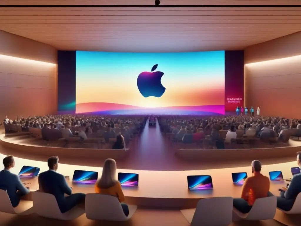Presentación virtual de productos Apple: Conferencia holográfica inmersiva Una conferencia virtual futurista de lanzamiento de productos Apple con hologramas detallados, avatares digitales y ambiente profesional