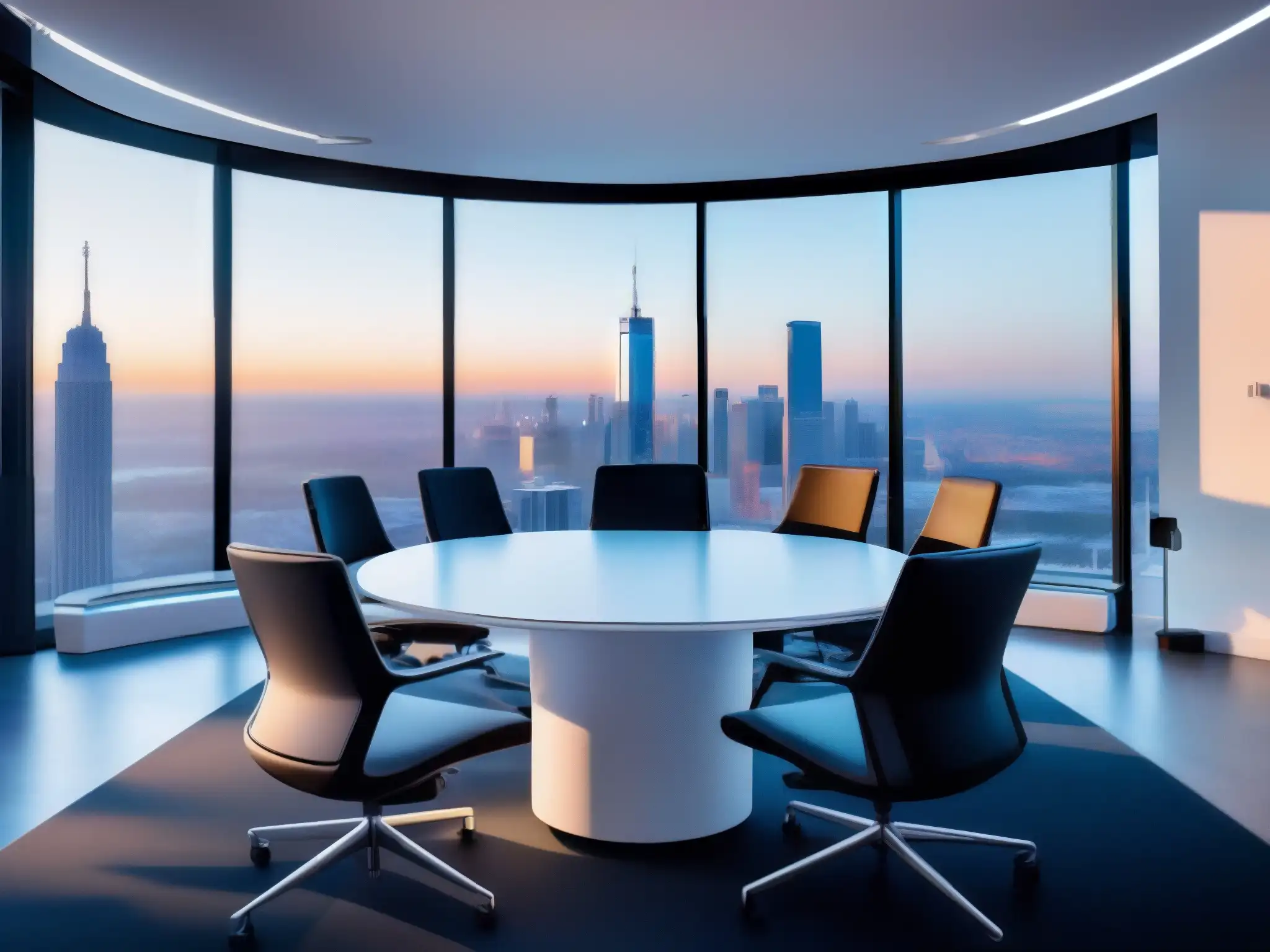 Sala de reuniones virtuales futurista con vista a la ciudad Configuración entorno realidad virtual videoconferencias: Sala moderna con tecnología futurista para reuniones virtuales inmersivas