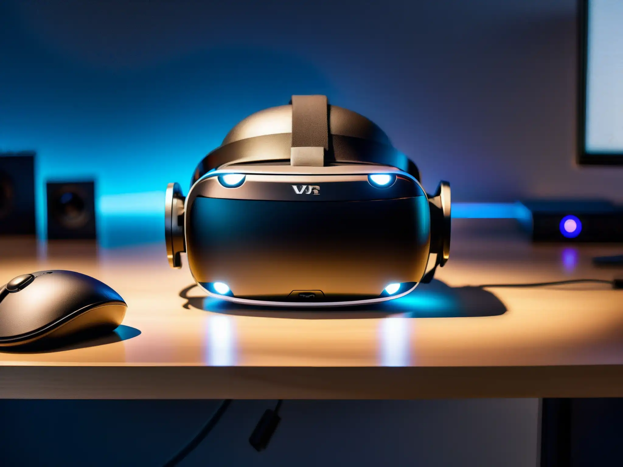 Realidad virtual de vanguardia en escritorio minimalista Configuración entorno realidad virtual videoconferencias: Un moderno auricular de RV iluminado en un elegante escritorio minimalista