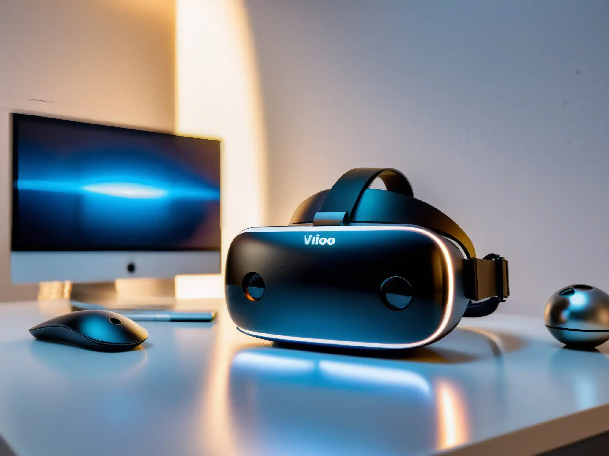 Configuración profesional de realidad virtual para videoconferencias Configuración de entorno para videoconferencias en realidad virtual: moderno auricular de VR sobre un escritorio blanco, iluminado por la pantalla de la computadora al fondo