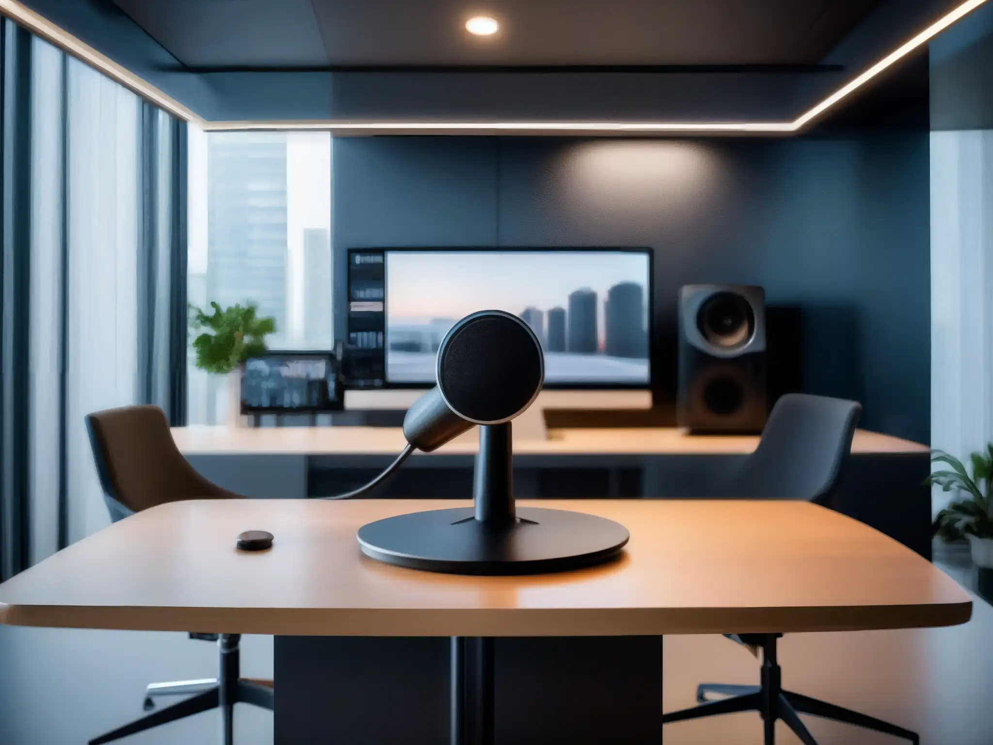 Configuración de videoconferencia profesional Una configuración moderna y elegante para videoconferencias, destacando la calidad de audio en un entorno profesional y tecnológicamente sofisticado
