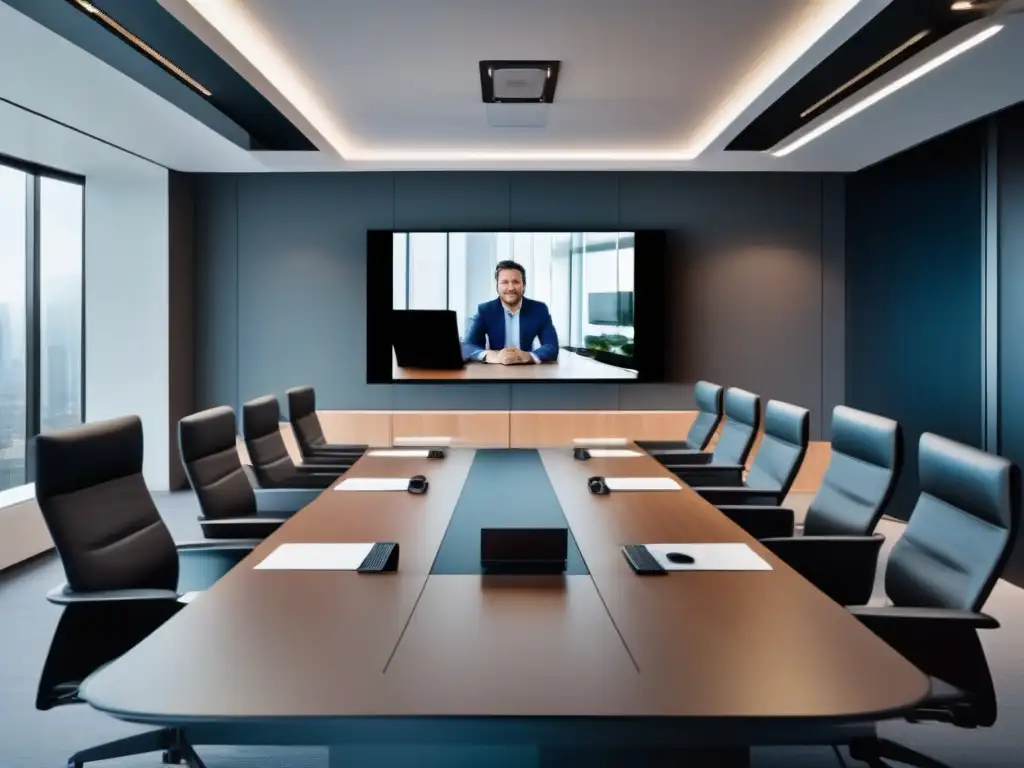 Sala de videoconferencias de alta tecnología Una configuración moderna y elegante para videoconferencias que transmite profesionalismo y tecnología de vanguardia