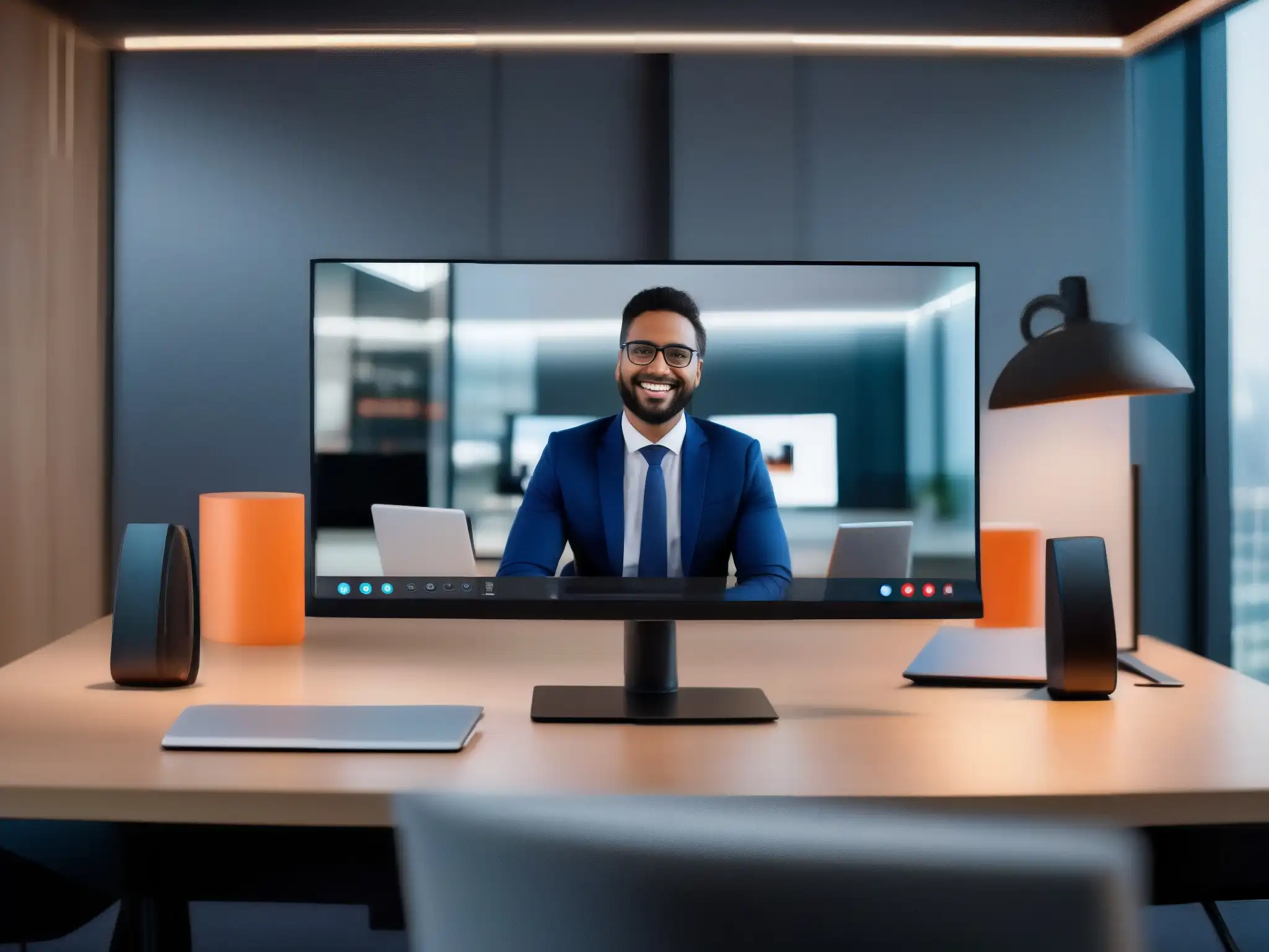 Setup de videoconferencia moderno y profesional con Zapier Una configuración moderna y elegante para videoconferencias con un fondo profesional