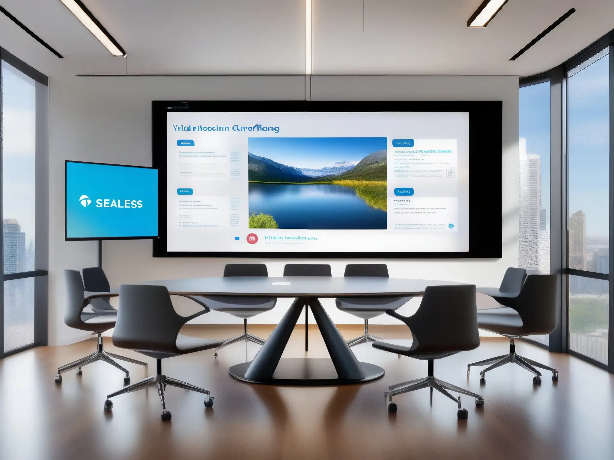 Solución de videoconferencia integrada y profesional Una configuración moderna de videoconferencia con múltiples pantallas que muestran integración con diversas aplicaciones