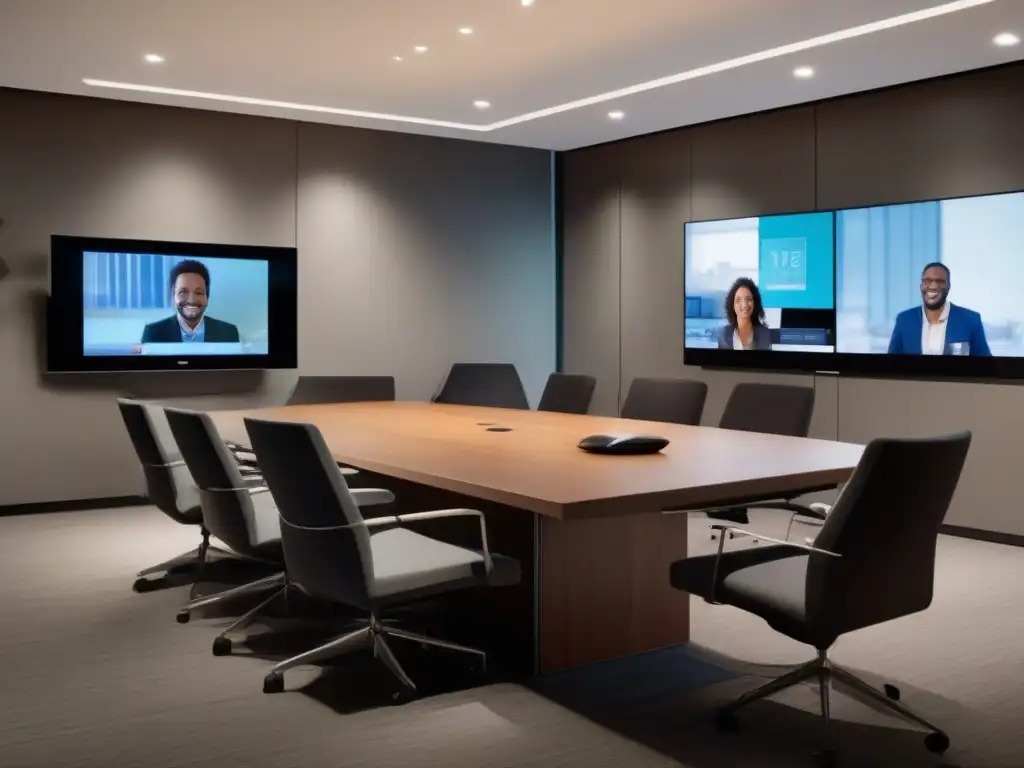 Videoconferencia profesional de alta calidad Una configuración moderna de videoconferencia en una oficina profesional, que destaca la colaboración y comunicación fluida