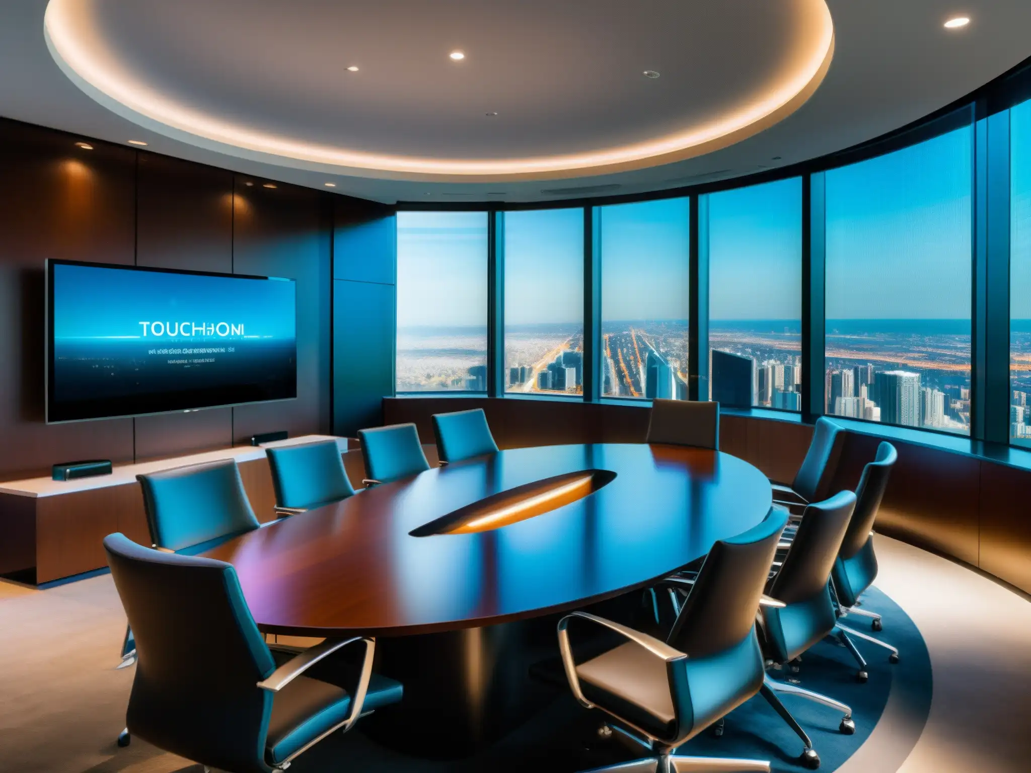 Sala de juntas moderna y sofisticada para videoconferencias Configuración moderna para videoconferencias corporativas con personalización y control en elegante sala de juntas