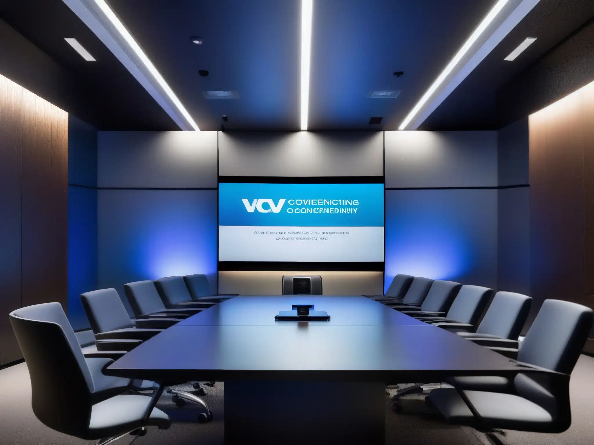 Configuración avanzada para videoconferencias profesionales Configuración moderna para videoconferencias con iluminación suave y profesional, resaltando la automatización y conversión en webinars