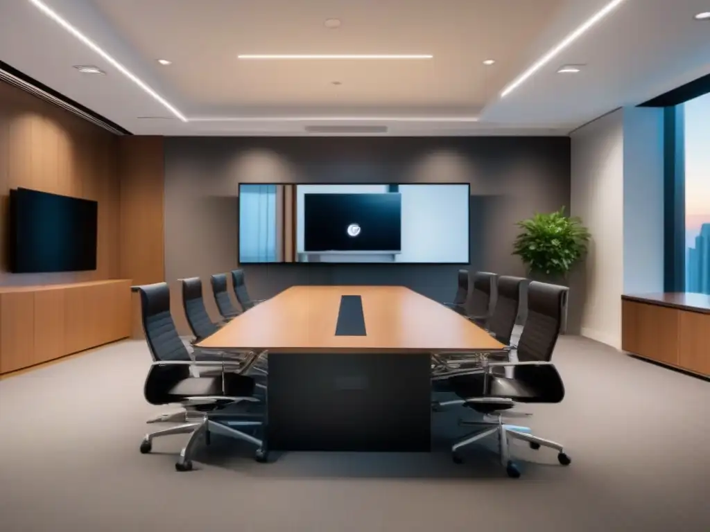 Setup de videoconferencia profesional y moderno Configuración moderna para videoconferencias, iluminación profesional y tecnología integrada en un espacio limpio y bien iluminado