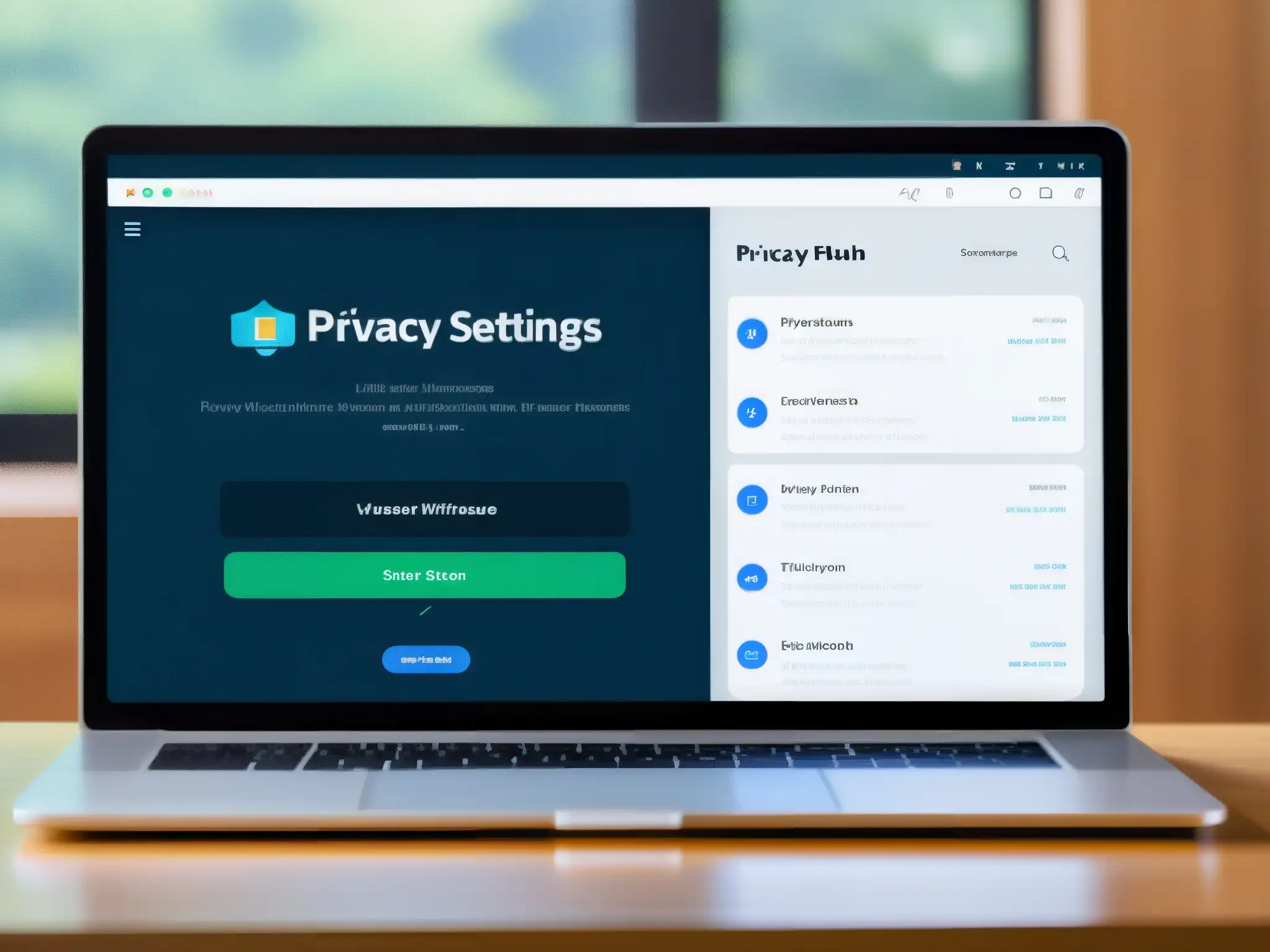 Configuración de privacidad y seguridad en VideoMeetingsHub Configuración privacidad VideoMeetingsHub: Moderna interfaz con opciones detalladas para configurar privacidad y seguridad en la plataforma