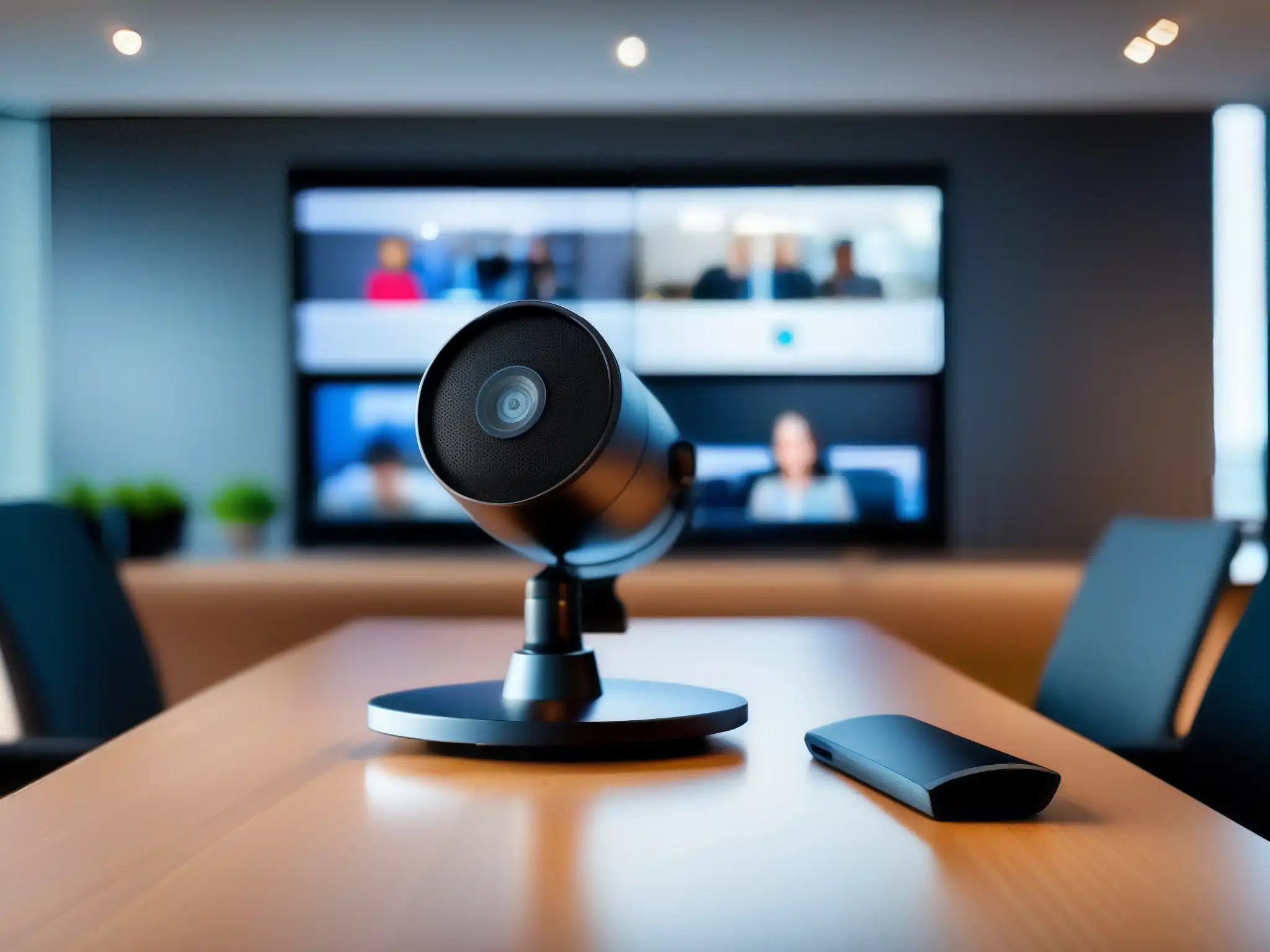 Configuración profesional para videoconferencias Una configuración profesional de videoconferencia con tecnología de vanguardia, organizada y elegante