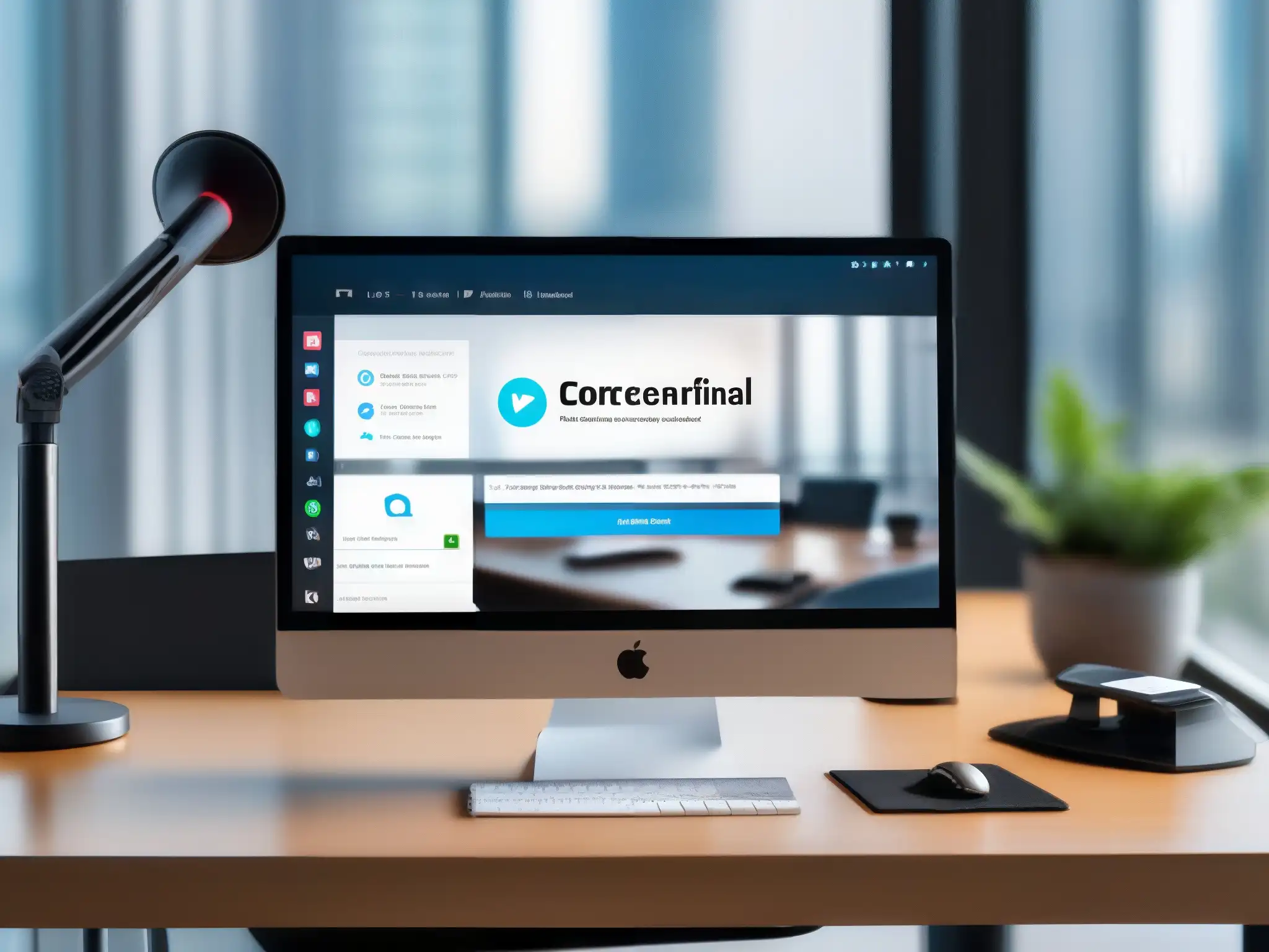 Configuración profesional para video conferencias Configuración profesional de videoconferencias con ciberseguridad en un entorno moderno y bien iluminado, transmitiendo profesionalismo y seguridad