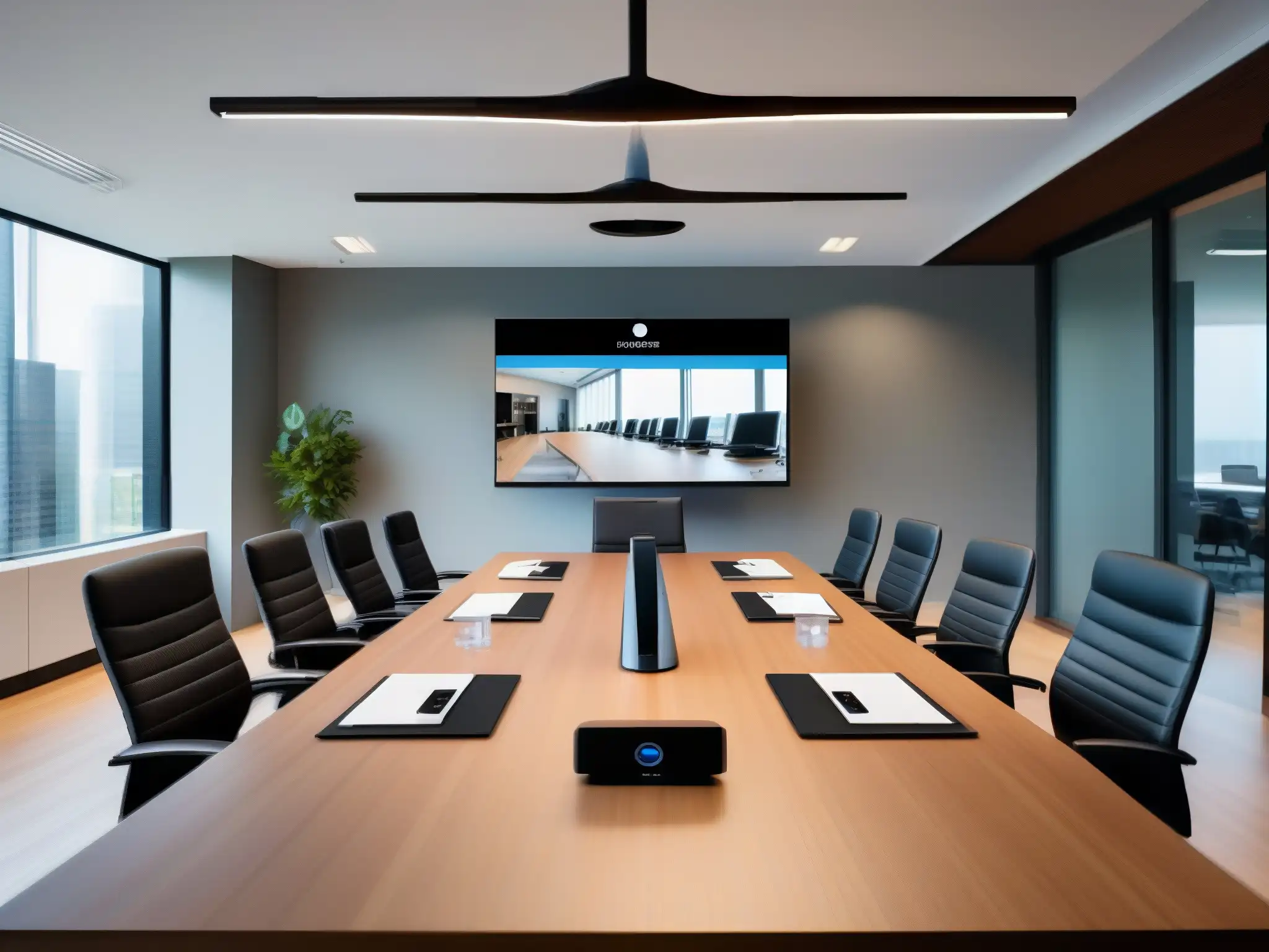 Configuración de videoconferencia profesional con dispositivos conectados Configuración profesional de videoconferencias con compatibilidad multiplataforma en una oficina moderna y luminosa