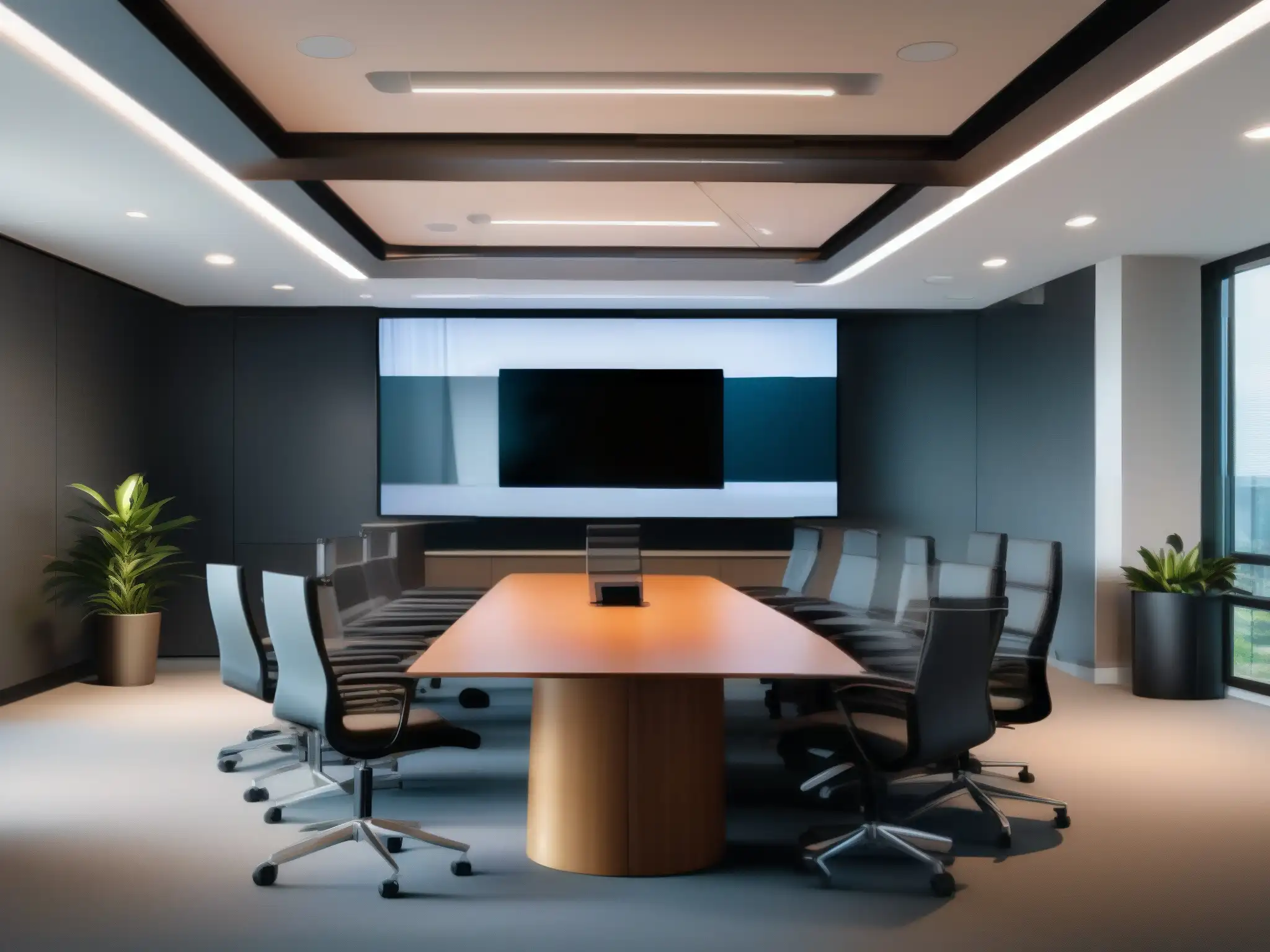 Sala de videoconferencias profesional y moderna Una configuración profesional para videoconferencias, con un diseño moderno y ambientes luminosos
