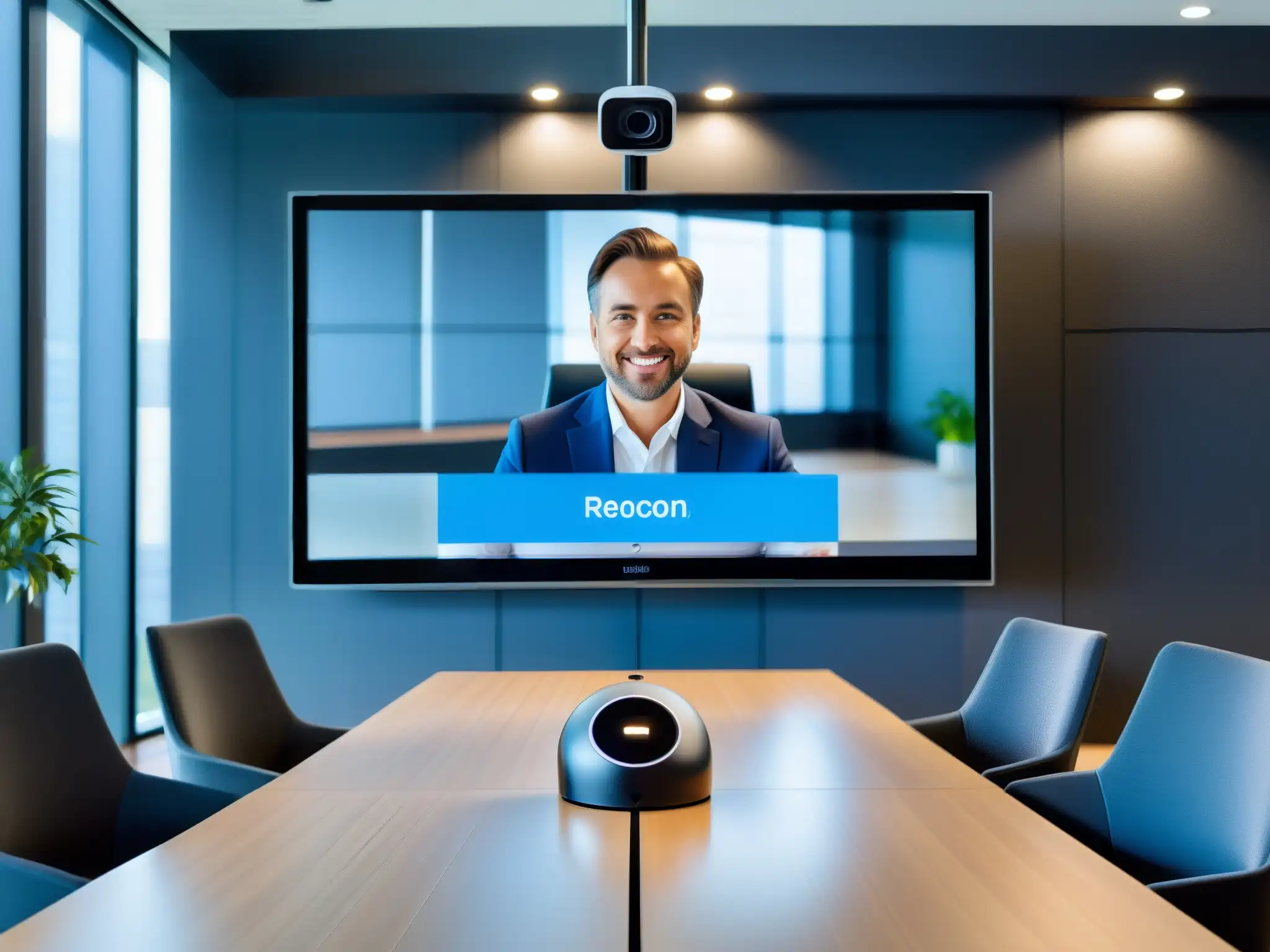 Conferencia futurista: AI y traducción en tiempo real Una configuración de videoconferencia futurista con tecnología AI para videoconferencias corporativas, en una sala de reuniones corporativa bien iluminada y elegante