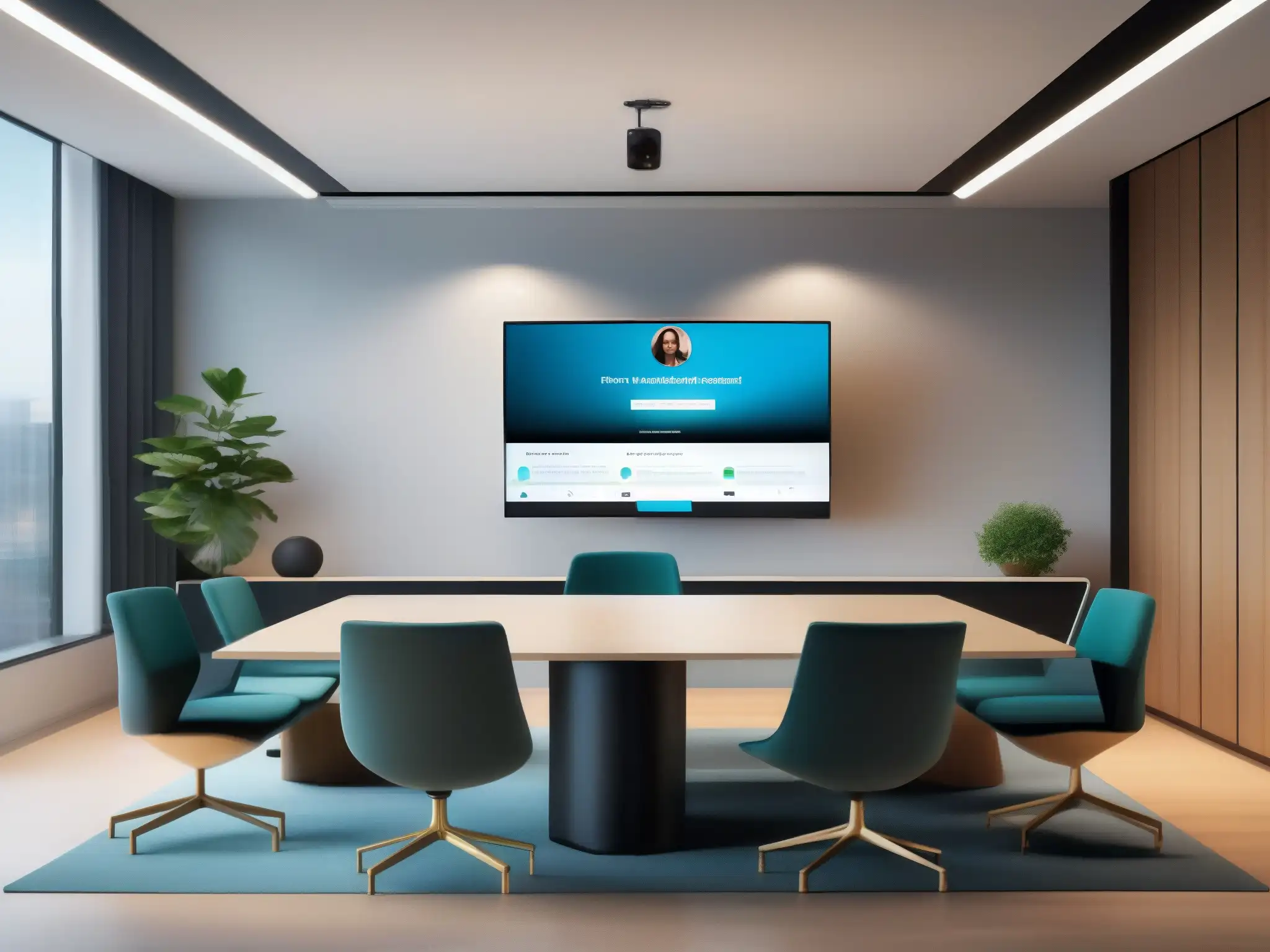 Configuración de videoconferencia minimalista para un ambiente profesional Una configuración de videoconferencia moderna y minimalista en una habitación espaciosa y bien iluminada