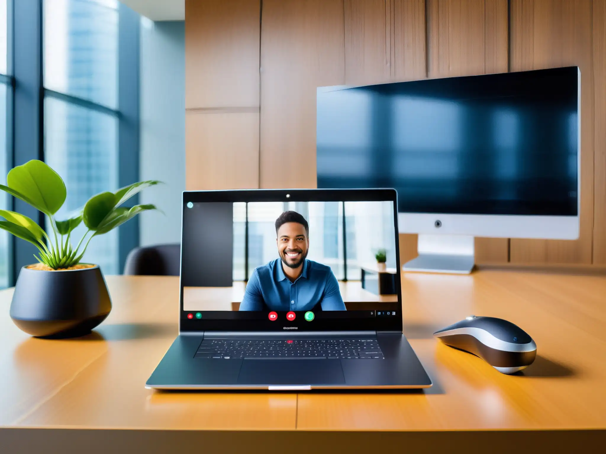 Conjunto de videoconferencia moderno y profesional para GoToMeeting Una configuración de videoconferencia moderna y profesional para cursos online, con tecnología de vanguardia y ambiente acogedor