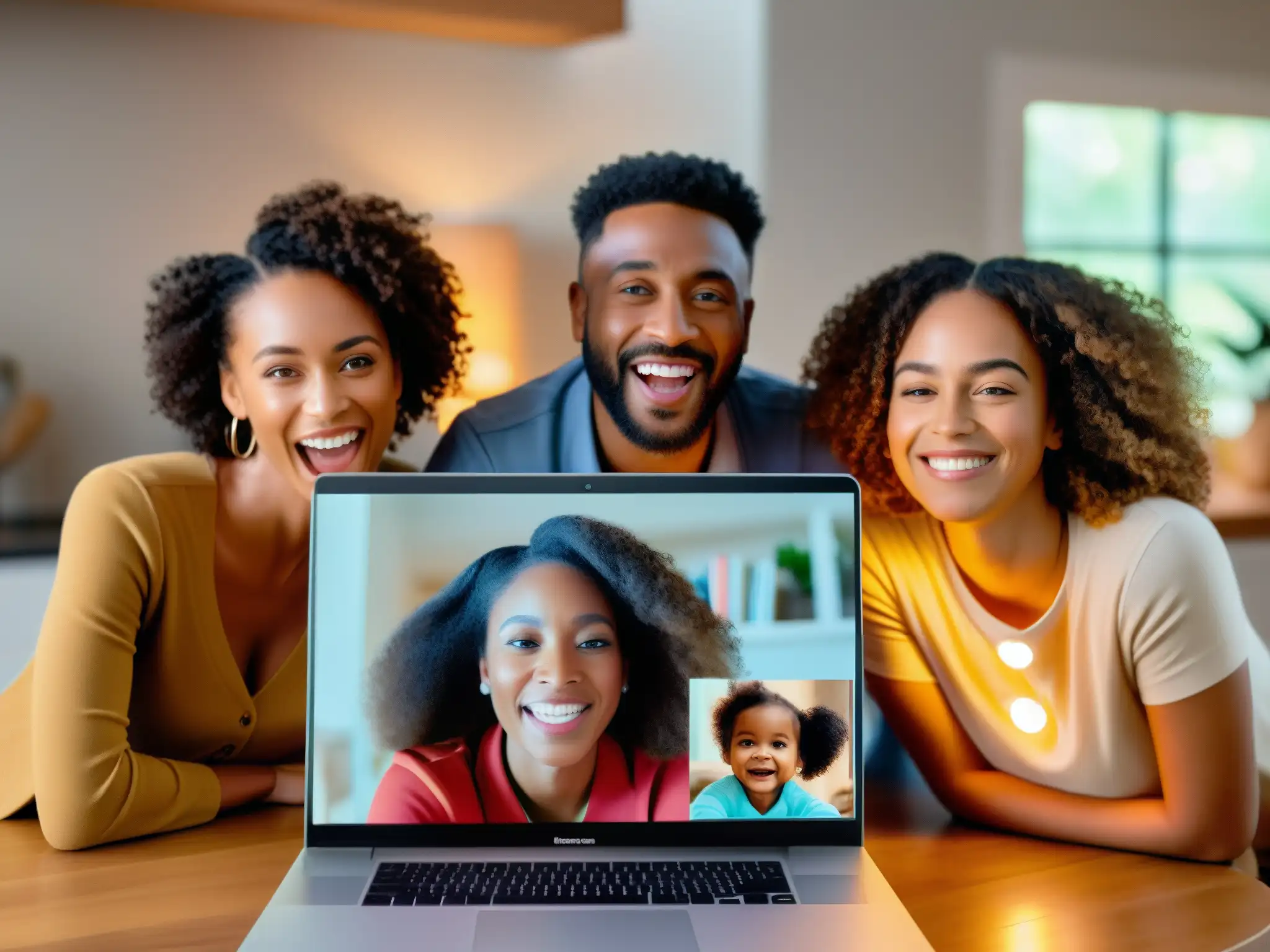 Emotivo encuentro familiar en videollamada Una conmovedora videoconferencia familiar reencuentra a seres queridos a distancia, expresando alegría y conexión emocional