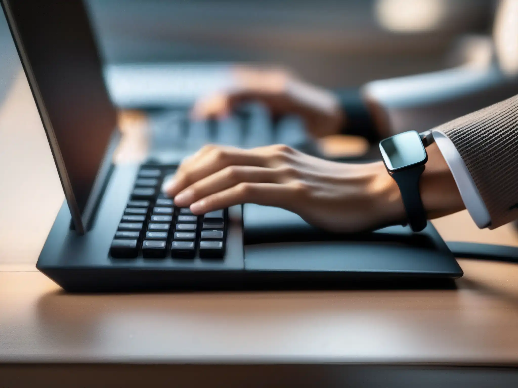 Oficina ergonómica: profesionalismo y comodidad Consejos ergonómicos para videoconferencias: manos descansando en un teclado ergonómico con pantalla ajustable y ambiente profesional