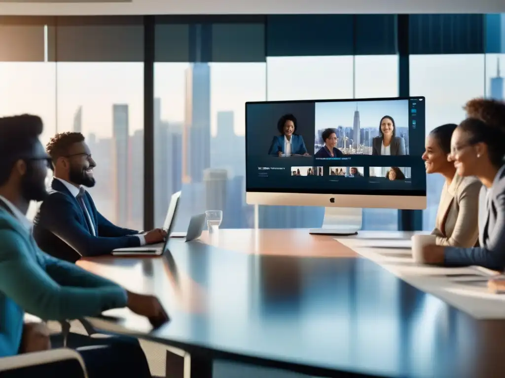 Videoconferencia profesional: colaboración remota 'Consejos para reuniones seguras: Profesionales en videoconferencia, colaborando en una moderna sala de reuniones con vista a la ciudad
