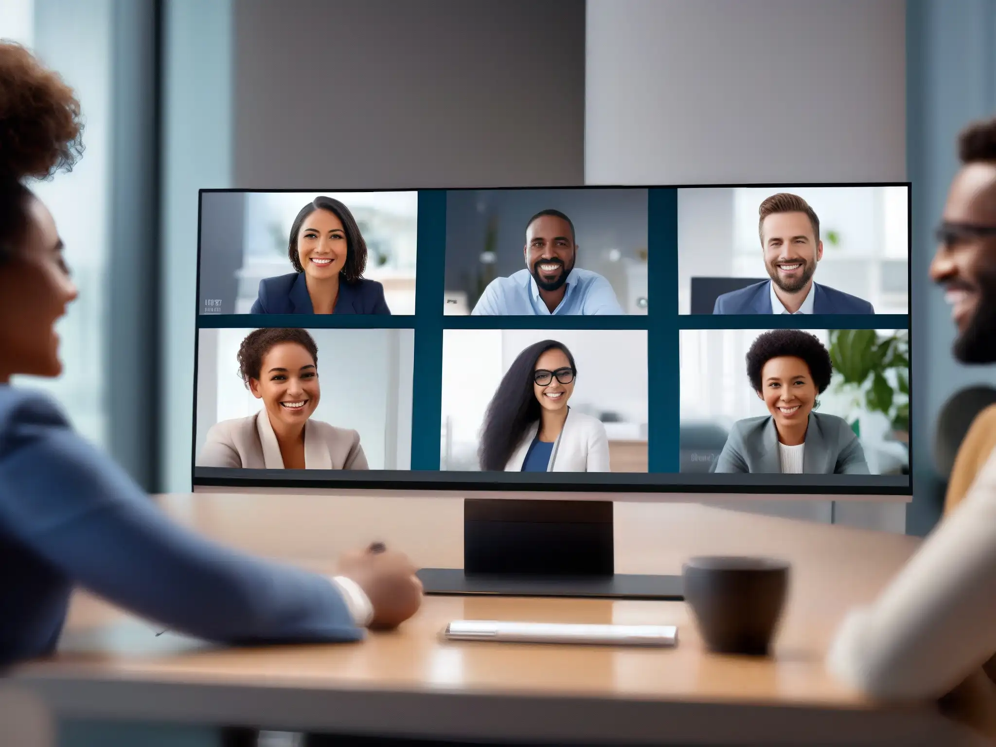 Conexiones humanas en videoconferencia: diversidad y participación activa Consejos salud mental videoconferencias: Grupo diverso participa activamente en videoconferencia, creando un ambiente cálido y de conexión humana