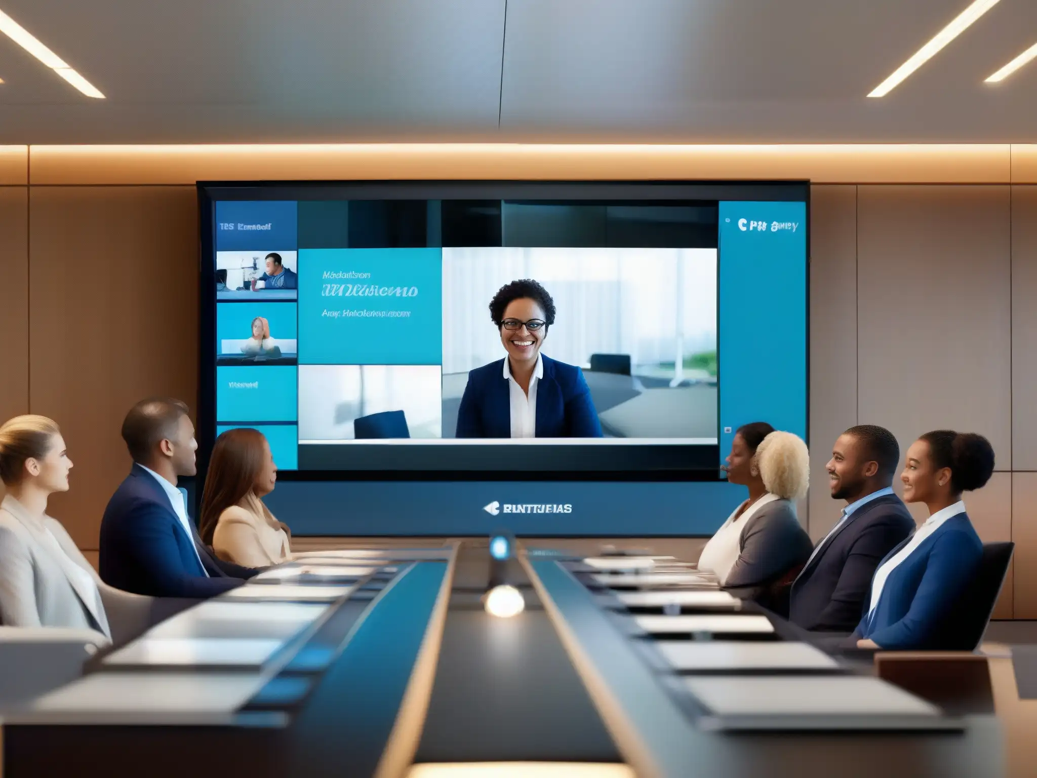 Videoconferencia profesional de alta definición Consejos para reducir tiempo muerto videoconferencias: Imagen de videoconferencia profesional, ambiente moderno y colaboración efectiva