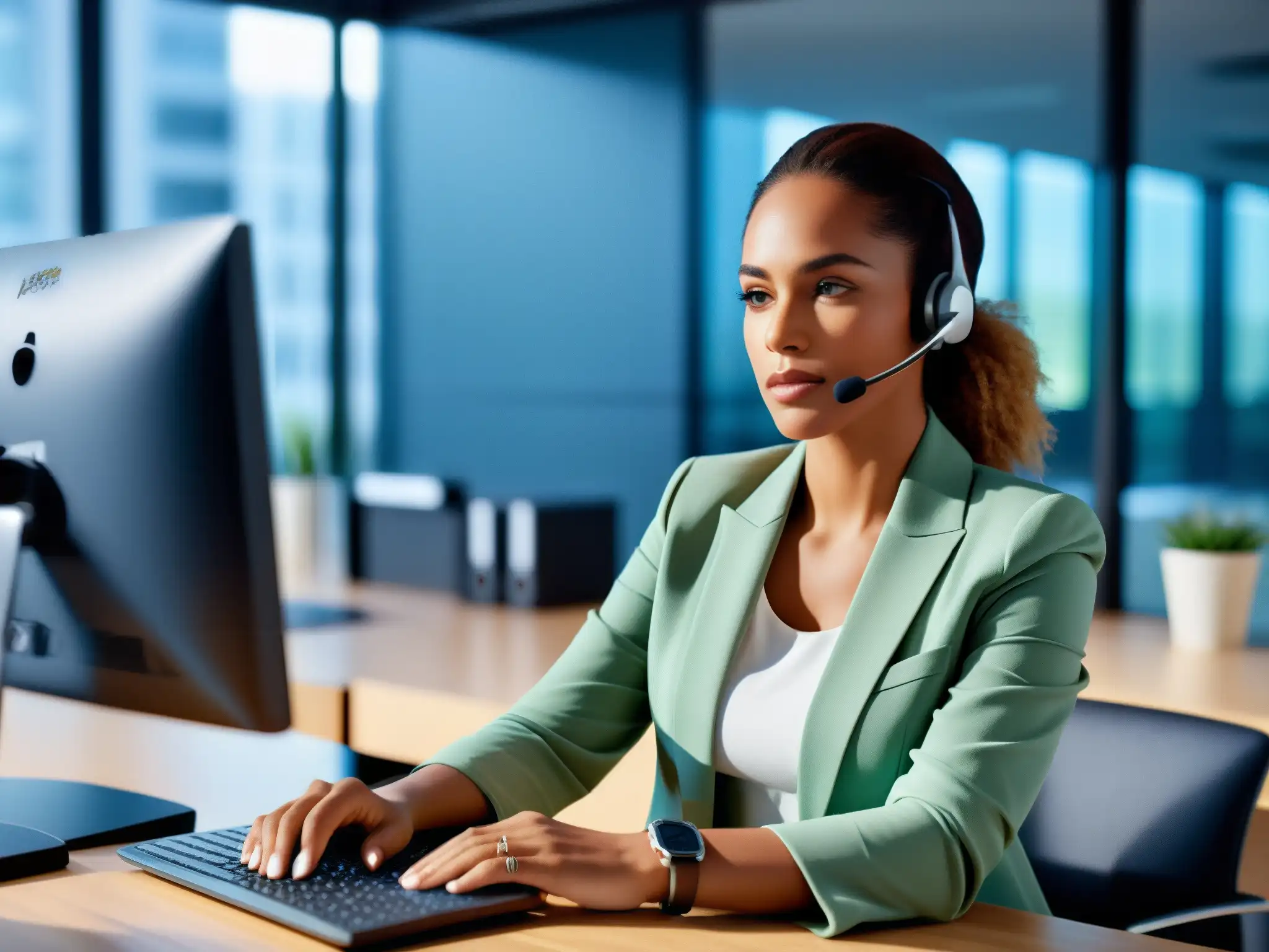 Mujer profesional en videoconferencia en moderna oficina 'Consejos para optimizar videoconferencias profesionales: Mujer profesional ajusta cámara en oficina moderna y ordenada'