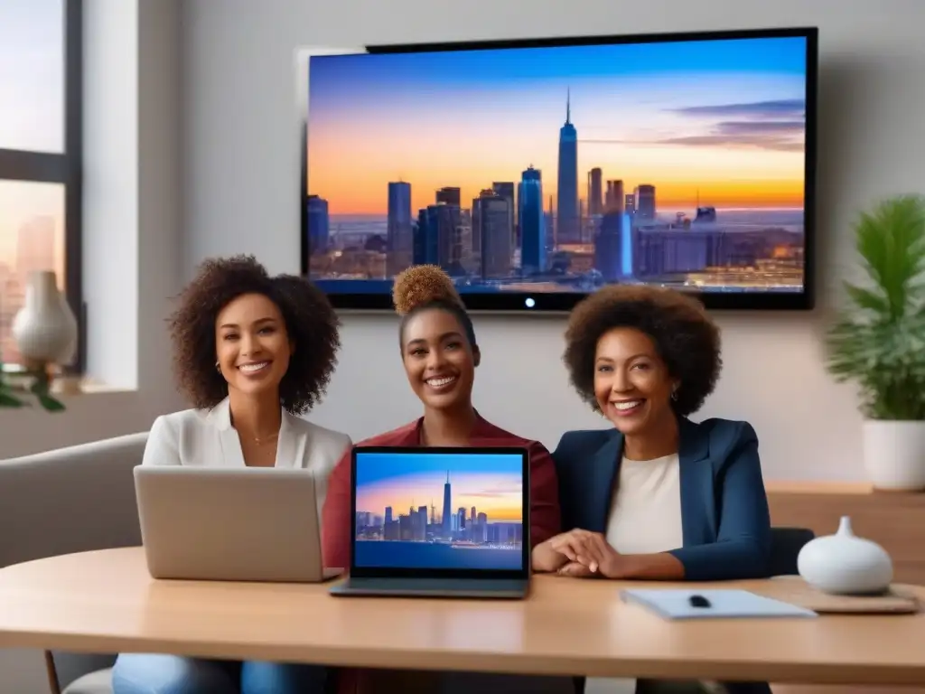 Encuentro familiar global: sonrisas y conexiones a través de husos horarios Consejos para la gestión de zonas horarias en videoconferencias: Familia global sonriendo y saludando desde sus zonas horarias en video llamada